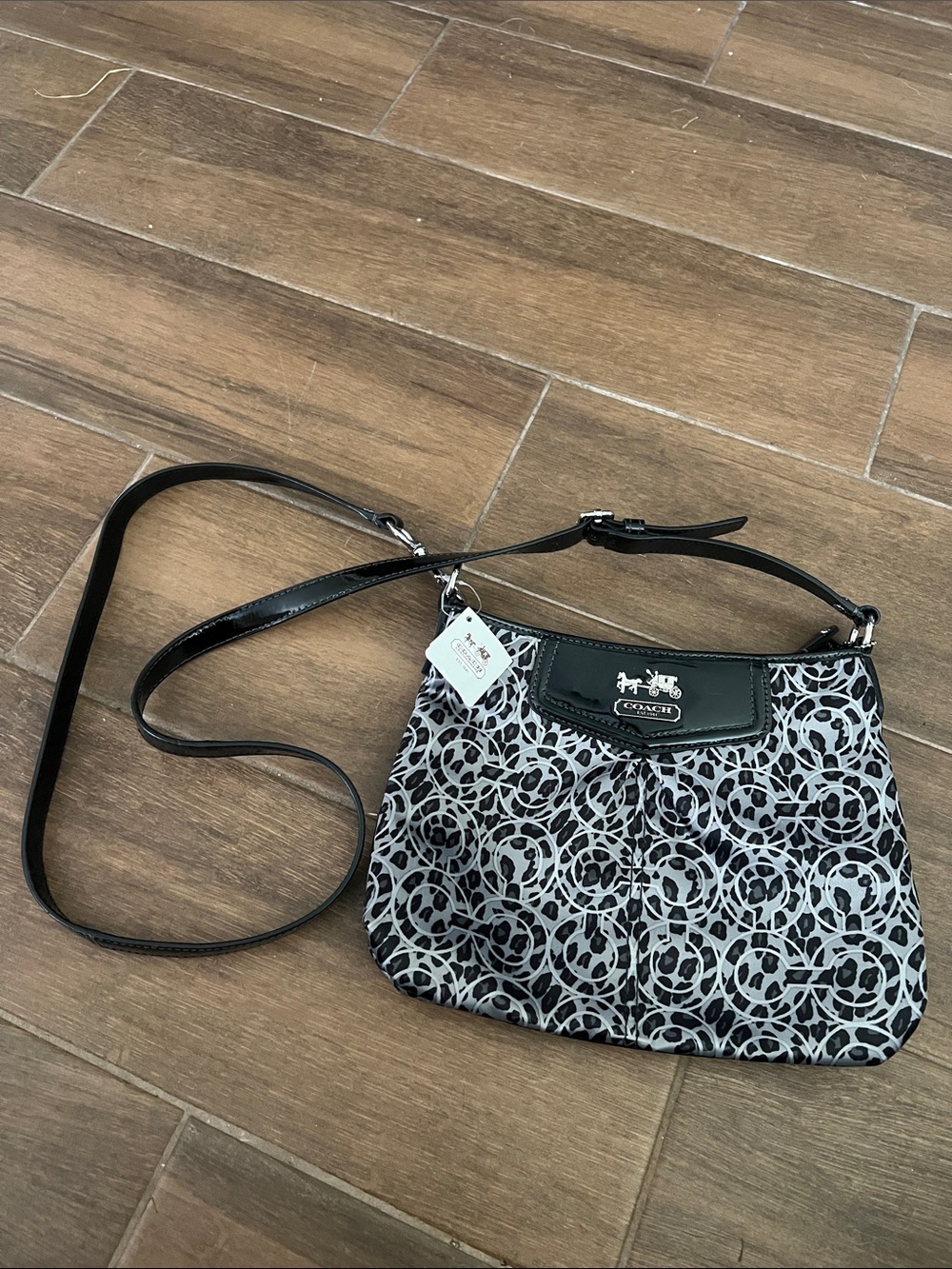 Coach Black and Gray Leopard Print Signature Crossbody with Leather Trim